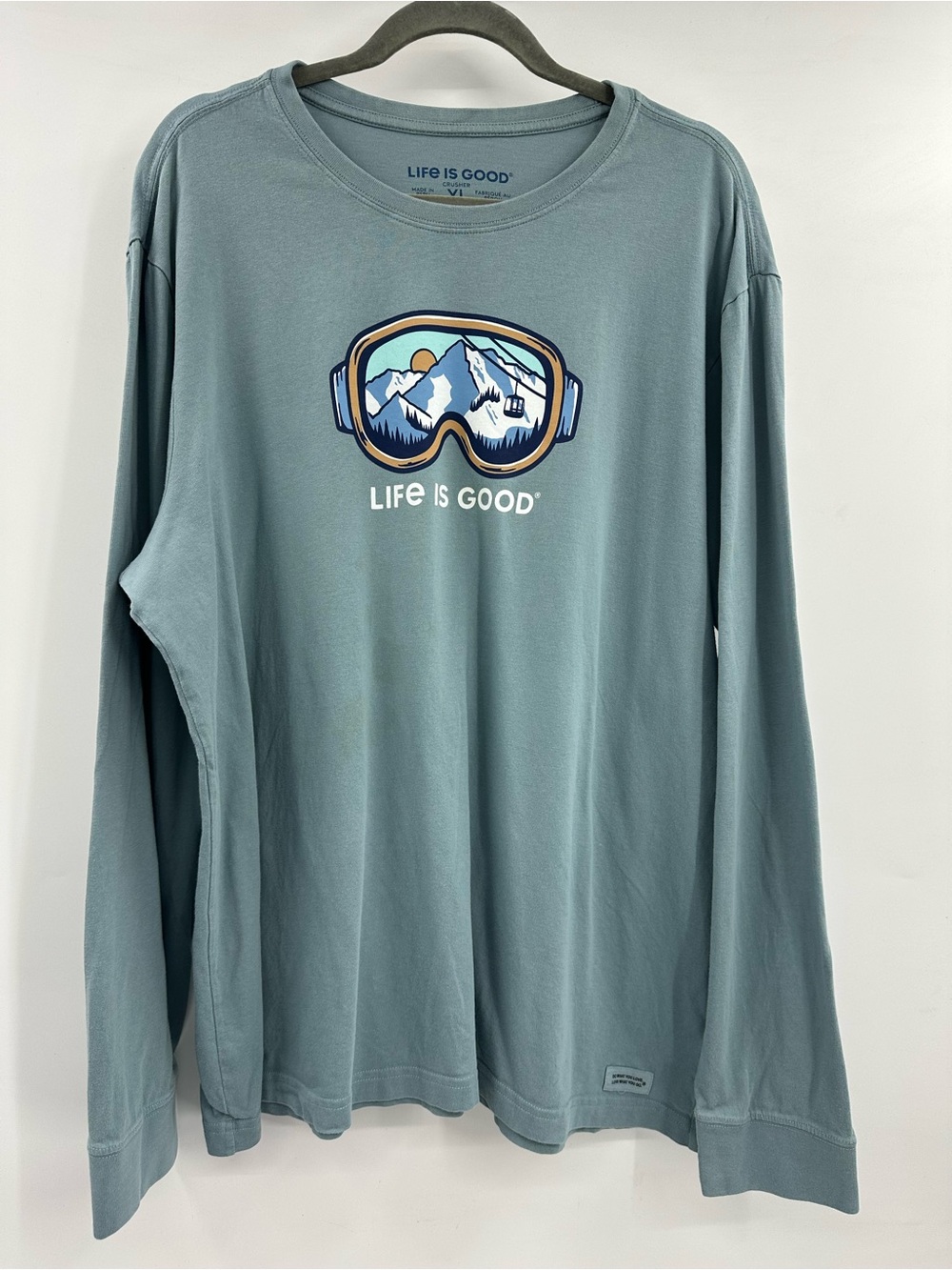 Life Is Good Slate Blue Long-Sleeve Tee with Ski Goggle Graphic